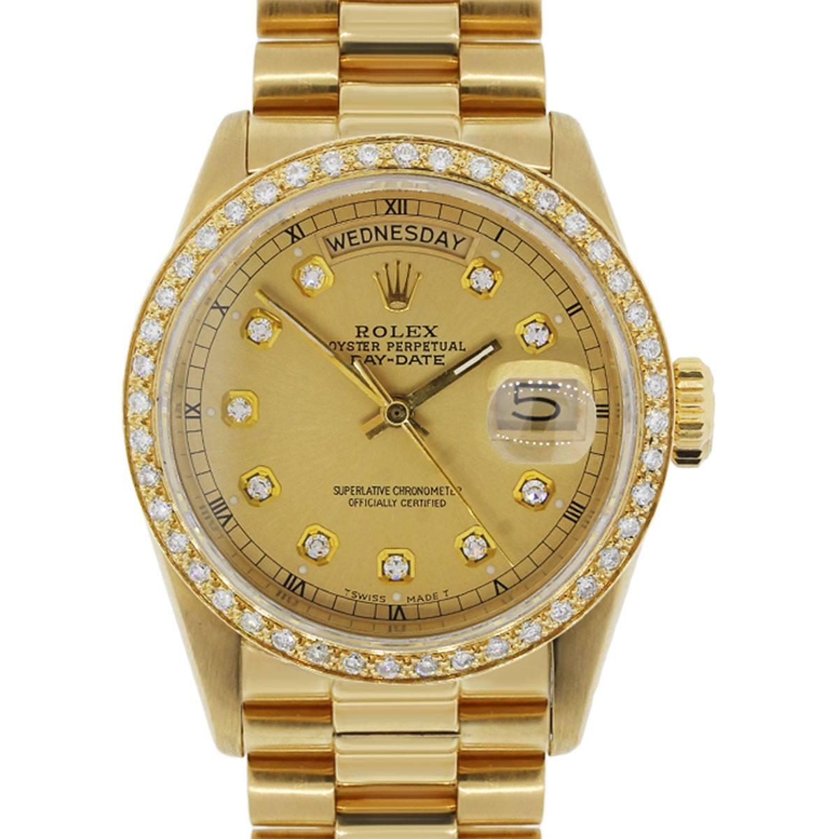 Rolex Yellow Gold Diamond Dial Presidential Day-Date Automatic Wristwatch