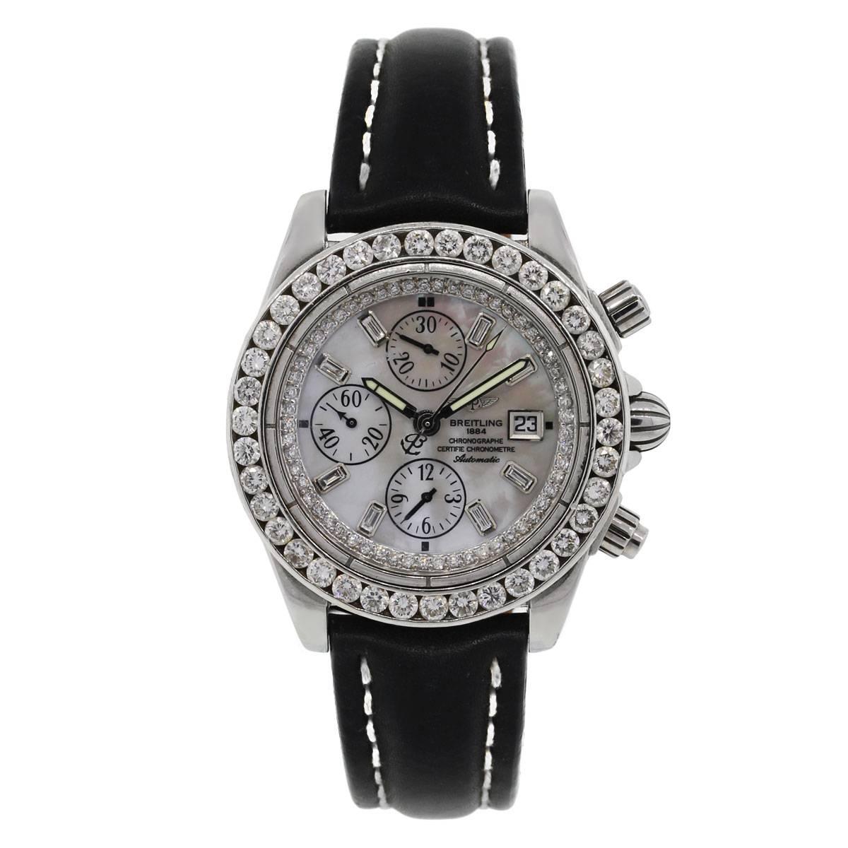 Brand: Breitling
MPN: A13356
Model: Windrider Chronomat Evolution
Case Material: Stainless steel
Crystal: Sapphire
Case Diameter: 43mm
Bezel: Diamond bezel (aftermarket)
Dial: Mother of pearl chronograph diamond dial with luminescent hands, Baguette