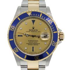 Vintage Rolex Yellow Gold Stainless Steel Submariner Serti Dial Automatic Wristwatch