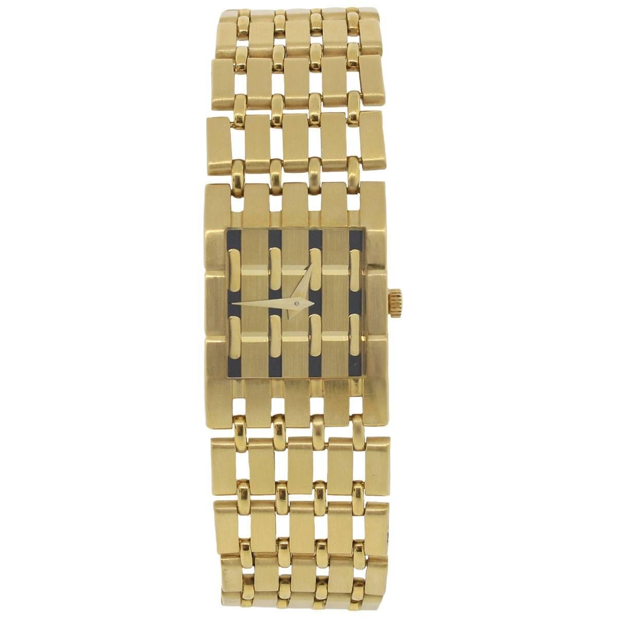 Brand: Piaget
MPN: 8131
Model: Polo
Case Material: 18k yellow gold
Case Diameter: 20mm
Crystal: Scratch resistant sapphire
Bezel: 18k yellow gold bezel
Dial: 18k yellow gold link dial with yellow gold hour markers.
Bracelet: 18k yellow gold link