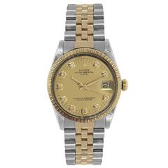 Rolex Yellow Gold Stainless Steel Date Diamond Dial Automatic Wristwatch