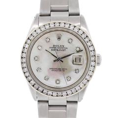 Vintage Rolex Stainless Steel Diamond Datejust Mother-of-Pearl Automatic Wristwatch