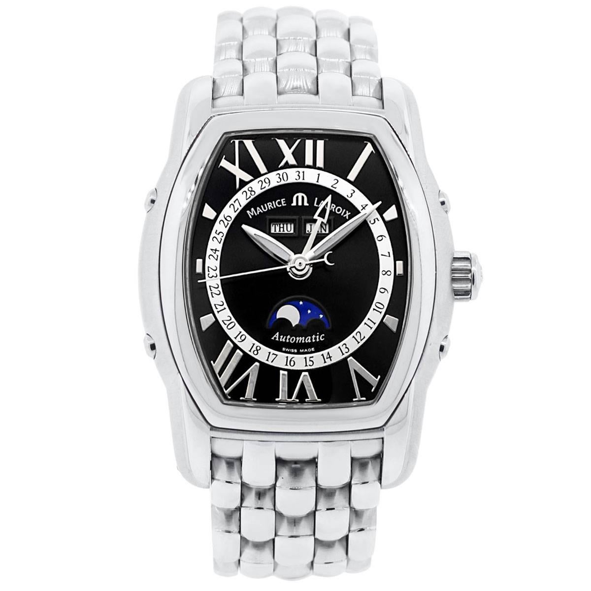 Brand: Maurice Lacroix
Style: Masterpiece Phase de Lune Tonneau
MPN: 6439
Case Material: Stainless steel
Case Diameter: 39.5mm
Bezel: Smooth fixed stainless steel bezel
Dial: Roman numeral black dial with moon phase
Bracelet: Stainless