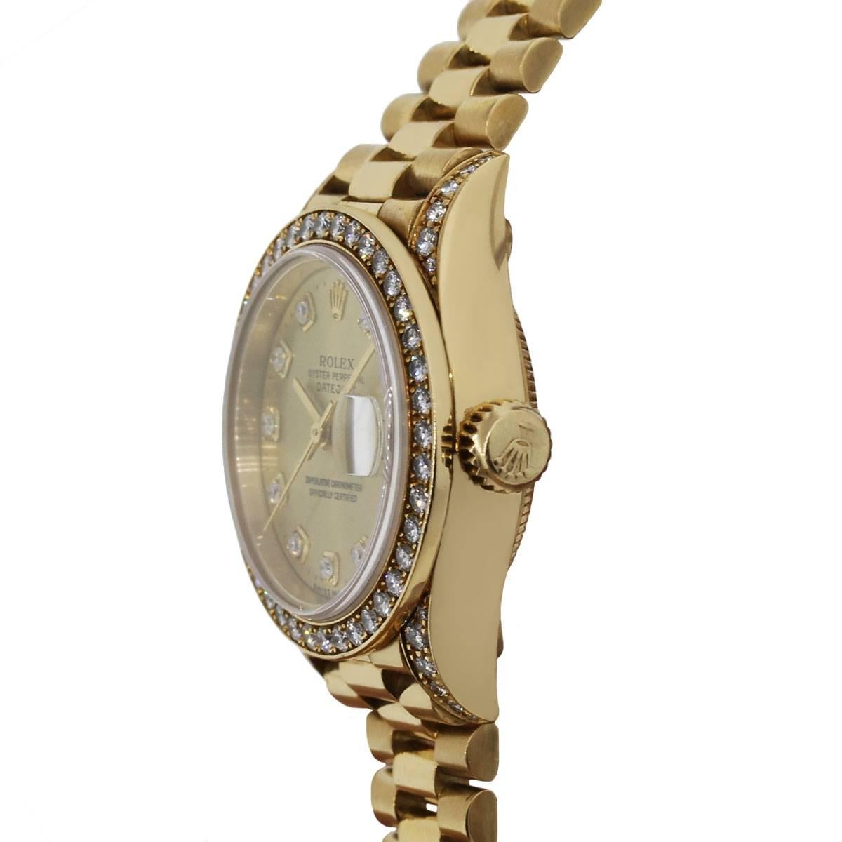 Rolex Ladies Yellow Gold Diamond Datejust Presidential Automatic Wristwatch In New Condition In Boca Raton, FL