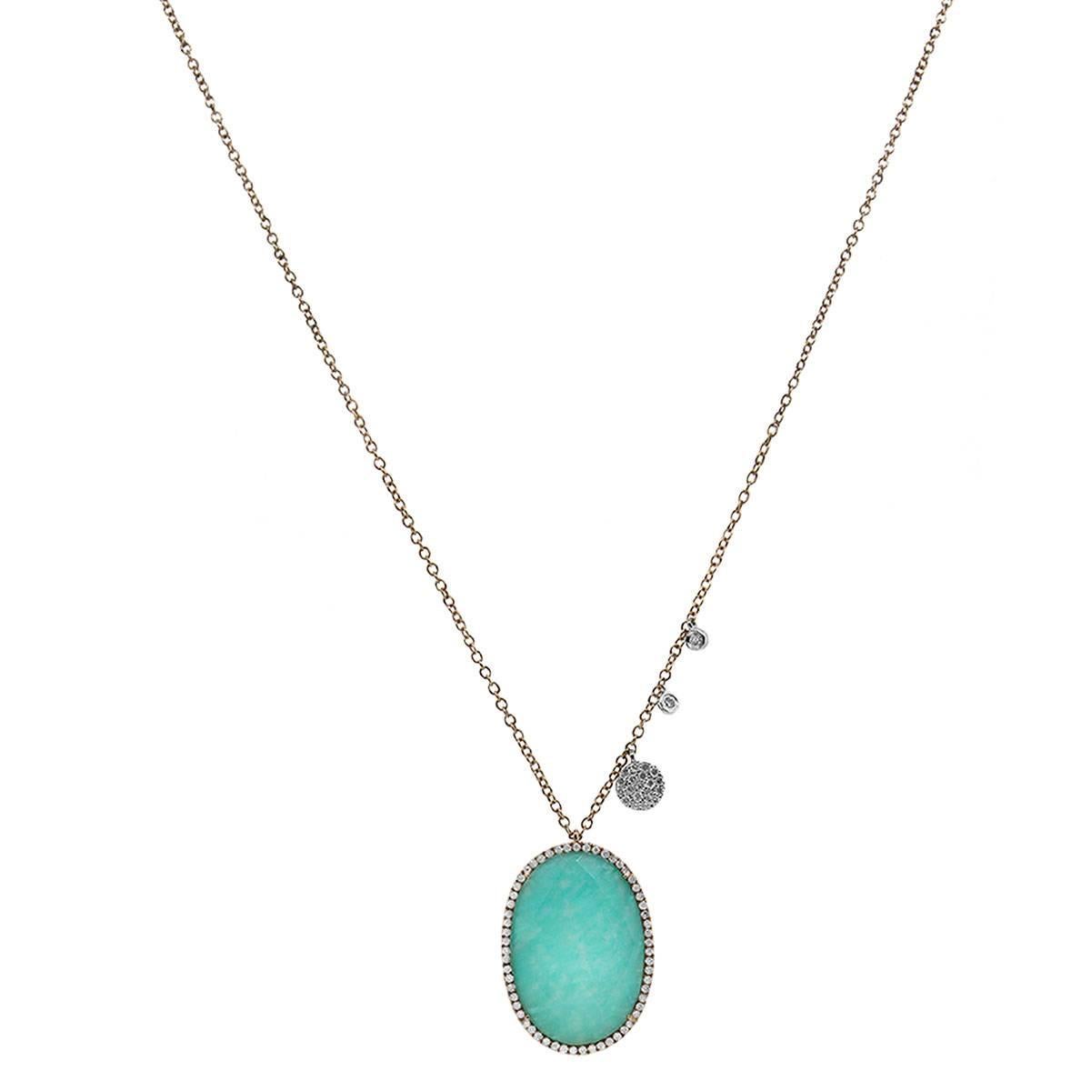 Material: 14k rose gold
Diamond Details: Approximately 0.41ctw round brilliant diamonds. Diamonds are G/H in color and VS in clarity.
Gemstone Details: Oval Amazonite gemstone measuring approximately 21mm x 15.04mm
Necklace Measurements: 16″
Clasp: