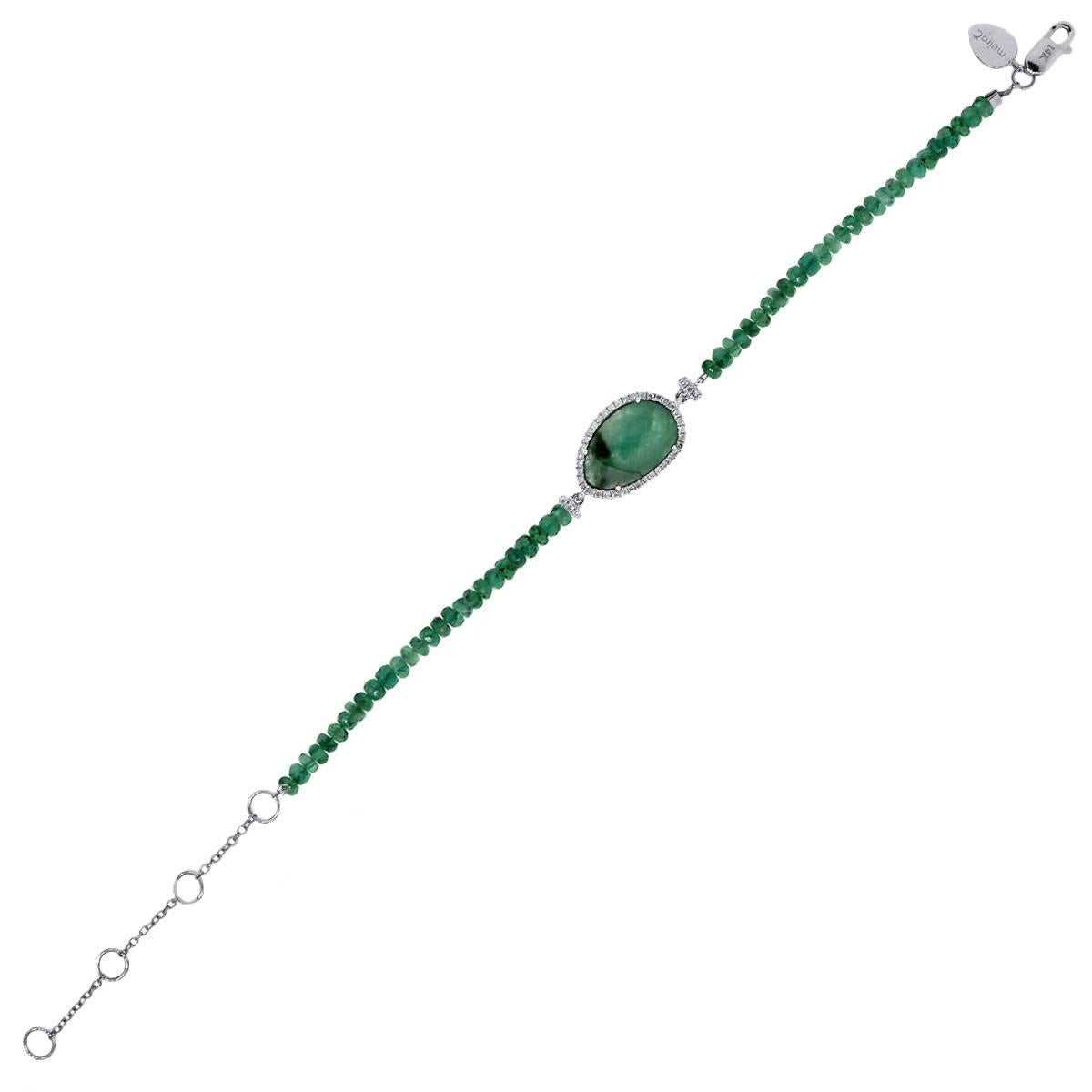 Designer: Meira T
Style: Emerald and diamond bracelet
Material: 14k White Gold
Diamond Details: Approximately .016ctw of round brilliant diamonds. Diamonds are G/H in color and SI in clarity
Gemstone Details: Approximately 2.55ctw emerald