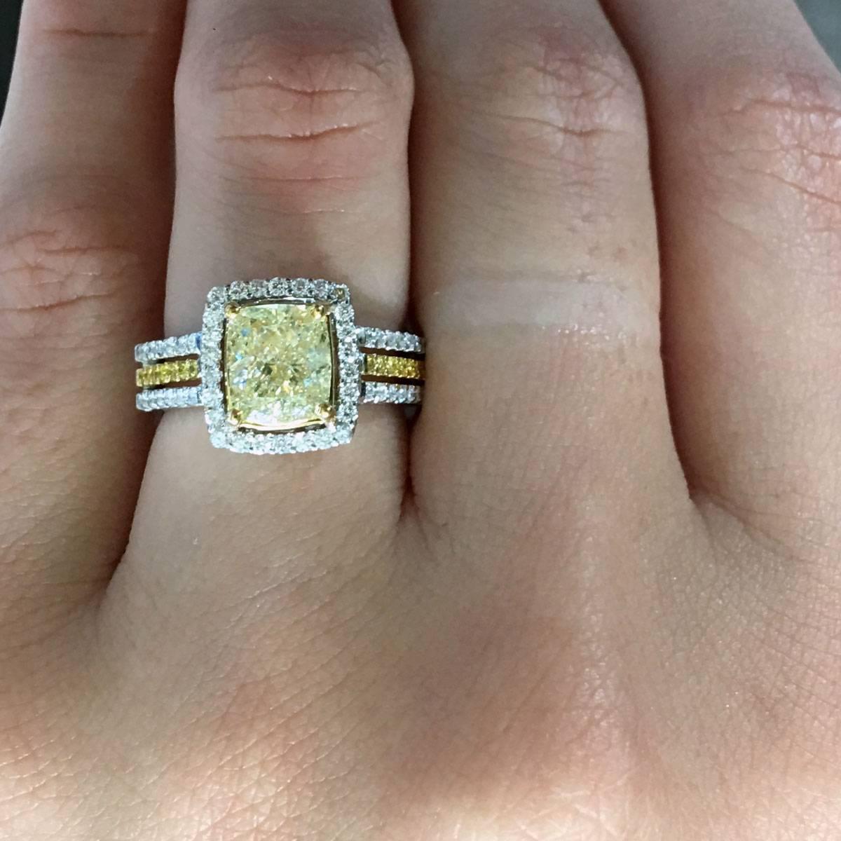 Women's 3.03 Carat Fancy Yellow and White Diamond White Gold Engagement Ring