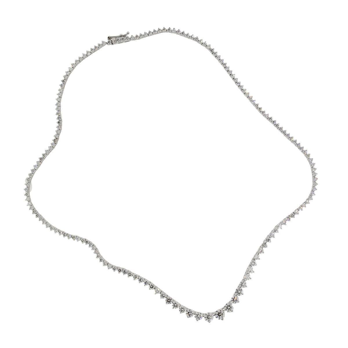 Material: 18k white gold
Diamond Details: Approximately 8.66ctw of round brilliant diamonds. Diamonds are G/H in color and VS in clarity
Necklace measurements: 16.75″ in length
Clasp: Tongue in box with safety clasp
Total Weight: 15.9g