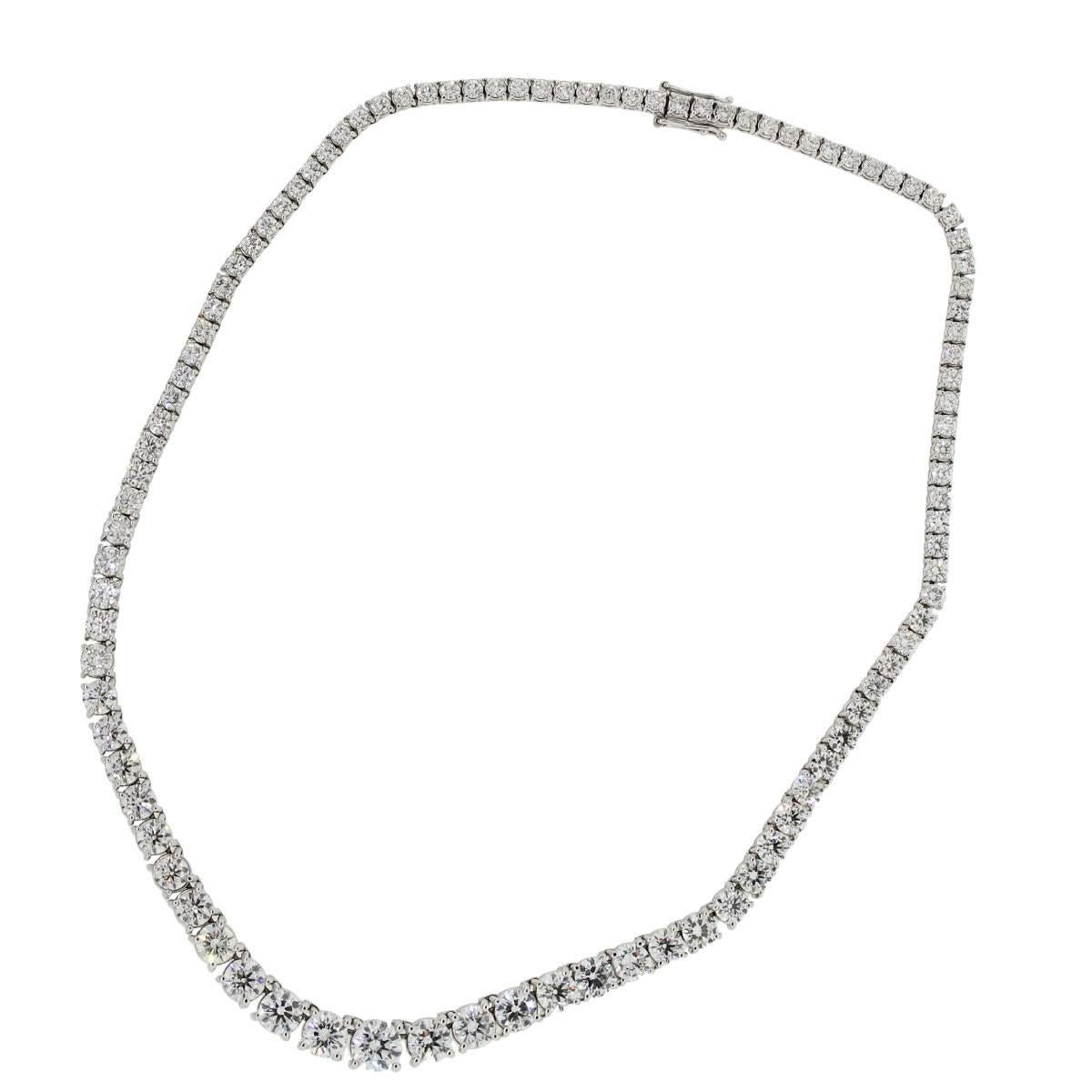 Material: 18k white gold
Diamond Details: Approximately 26.60ctw total of diamonds. Center diamond is 1.51ct and is D in color and SI2 in clarity, 1.01ct E in color and SI1 in clarity, 1.08ct E in color and SI2 in clarity.
Necklace measurements: