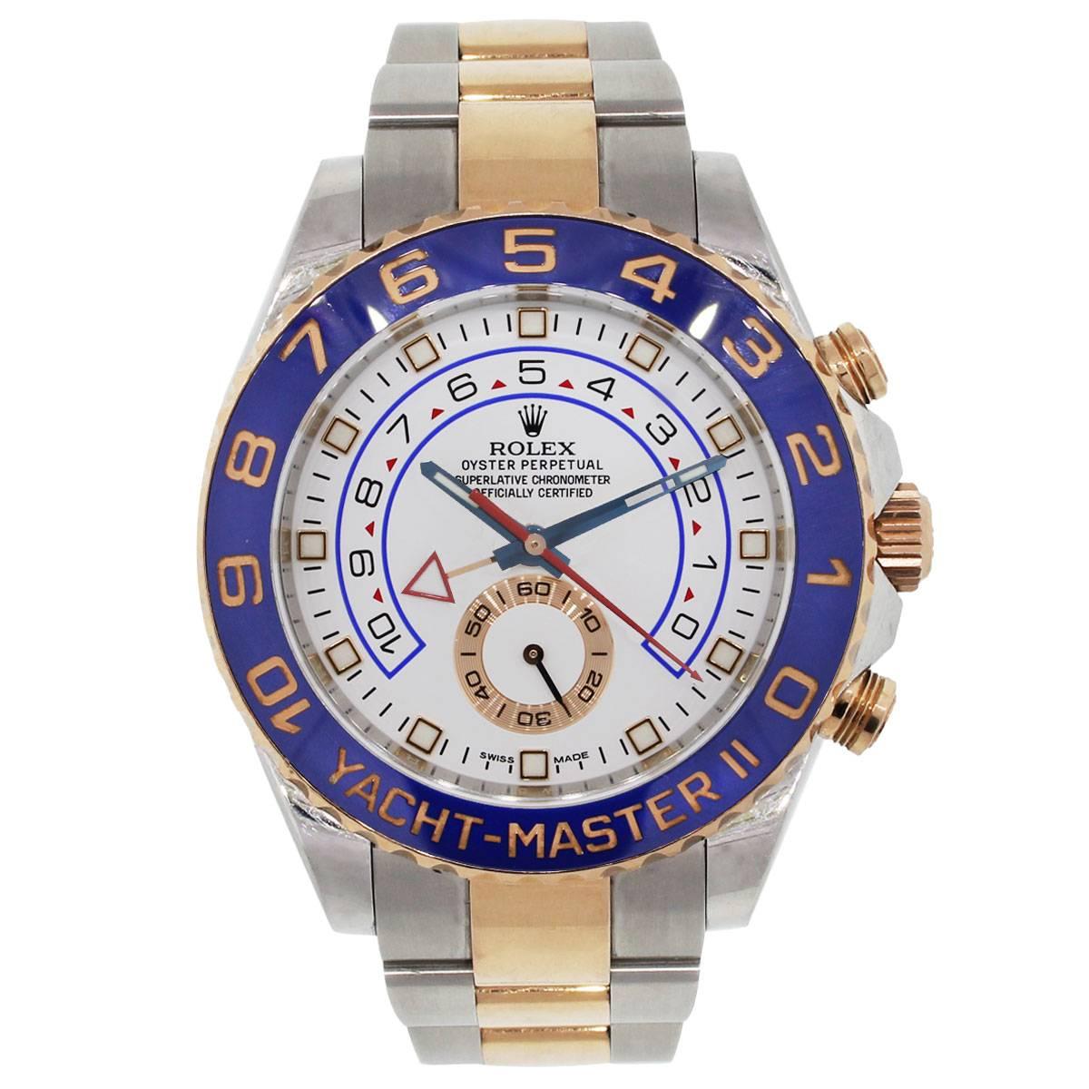 Brand: Rolex
MPN: Yacht-Master II
Model: 116681
Case Material: 18k rose gold and stainless steel
Case Diameter: 44mm
Crystal: Scratch resistant sapphire
Bezel: 18k rose gold 90 degree rotatable bezel with blue cerachrom insert
Dial: White dial with