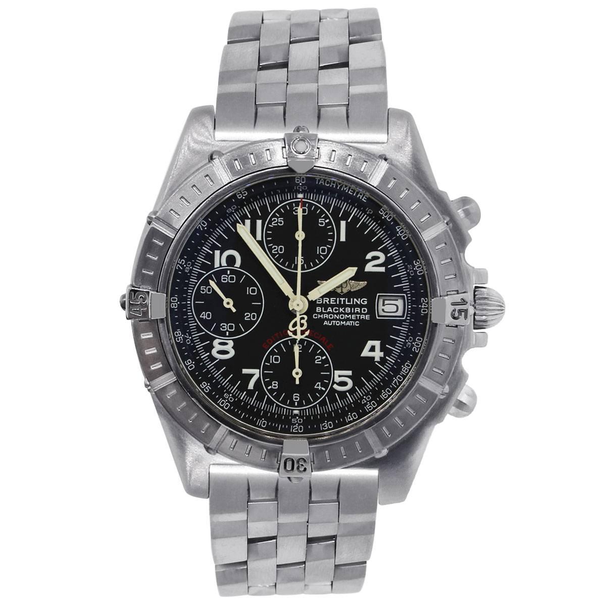 Brand: Breitling
MPN: A13353
Model: Blackbird Edition Speciale
Case Material: Stainless Steel
Case Diameter: 40mm
Crystal: AR coated scratch resistant sapphire crystal
Bezel: Stainless steel unidirectional bezel
Dial: Black chronograph dial with