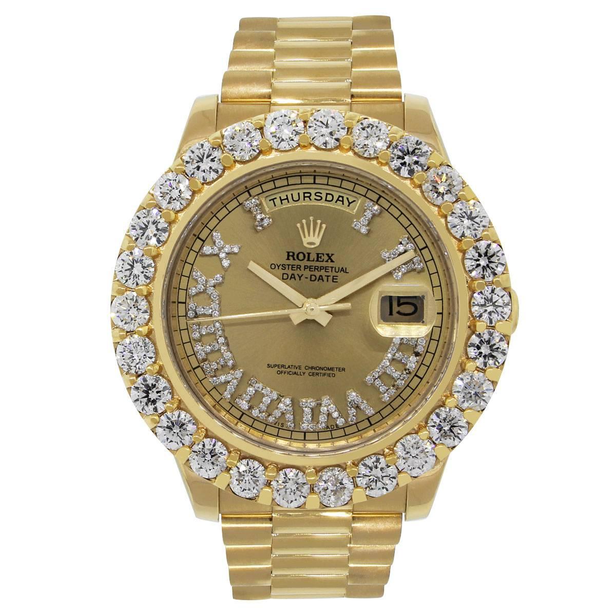 Brand: Rolex
MPN: 218238
Model: Day Date II
Case Material: 18k yellow gold
Case Diameter: 44mm
Crystal: Scratch resistant sapphire
Bezel: 18k yellow gold fixed diamond bezel with approximately 7ctw round brilliant diamonds. (aftermarket)
Dial: