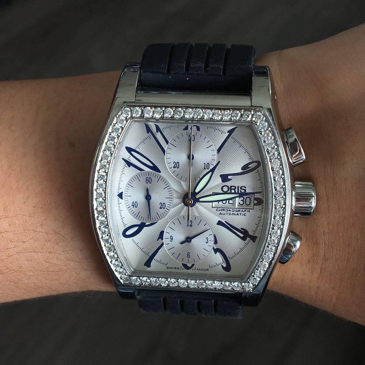 Oris Stainless Steel Miles Tonneau Diamond Bezel Chronograph Wristwatch 1