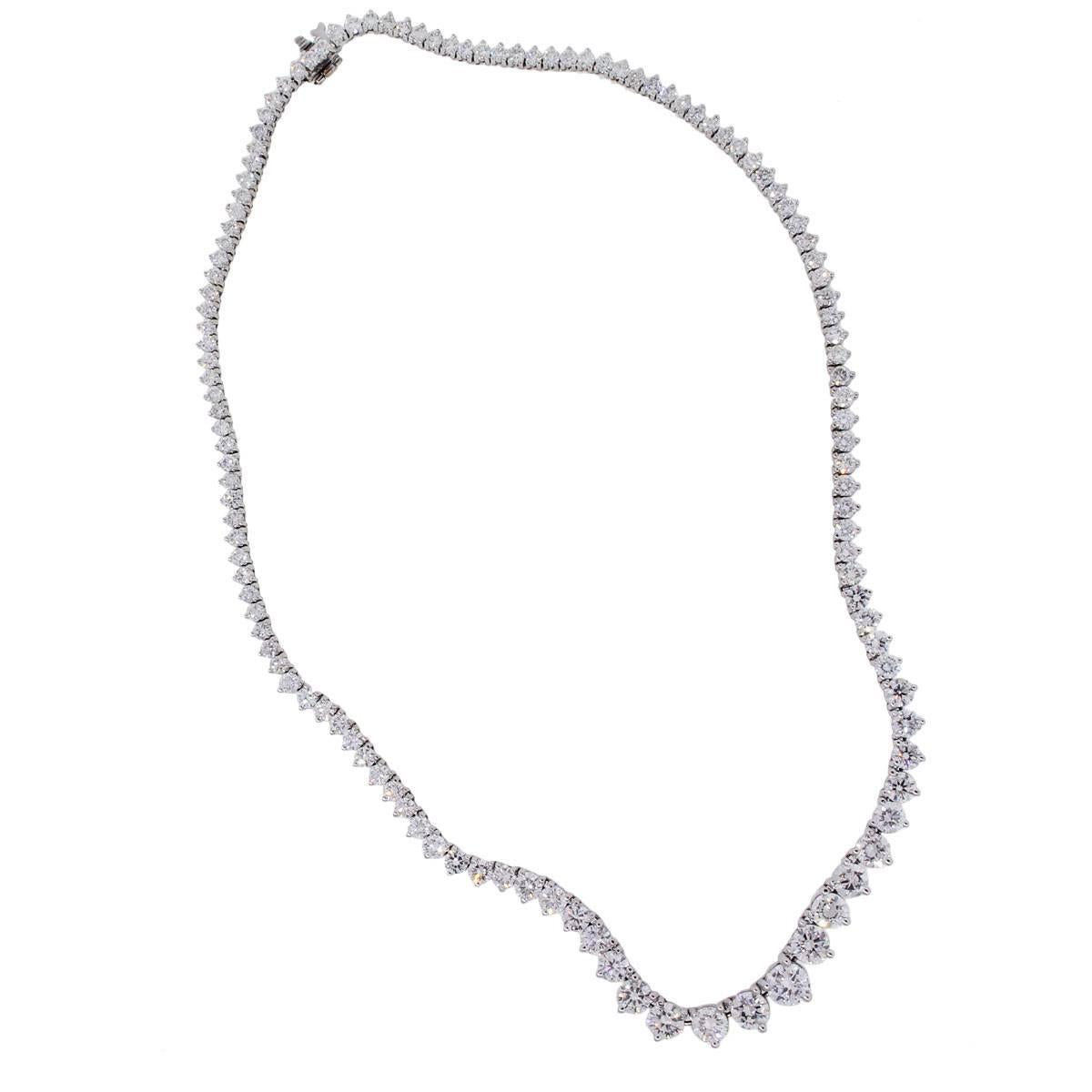 Material: 14k white gold
Diamond Details: Approximately 17.1ctw of Round Brilliant Diamonds. Diamonds are G/H in color and SI in clarity
Necklace measurements: 17″ in length
Clasp: Tongue in box clasp with double safety clasp
Total Weight: 21.5dwt