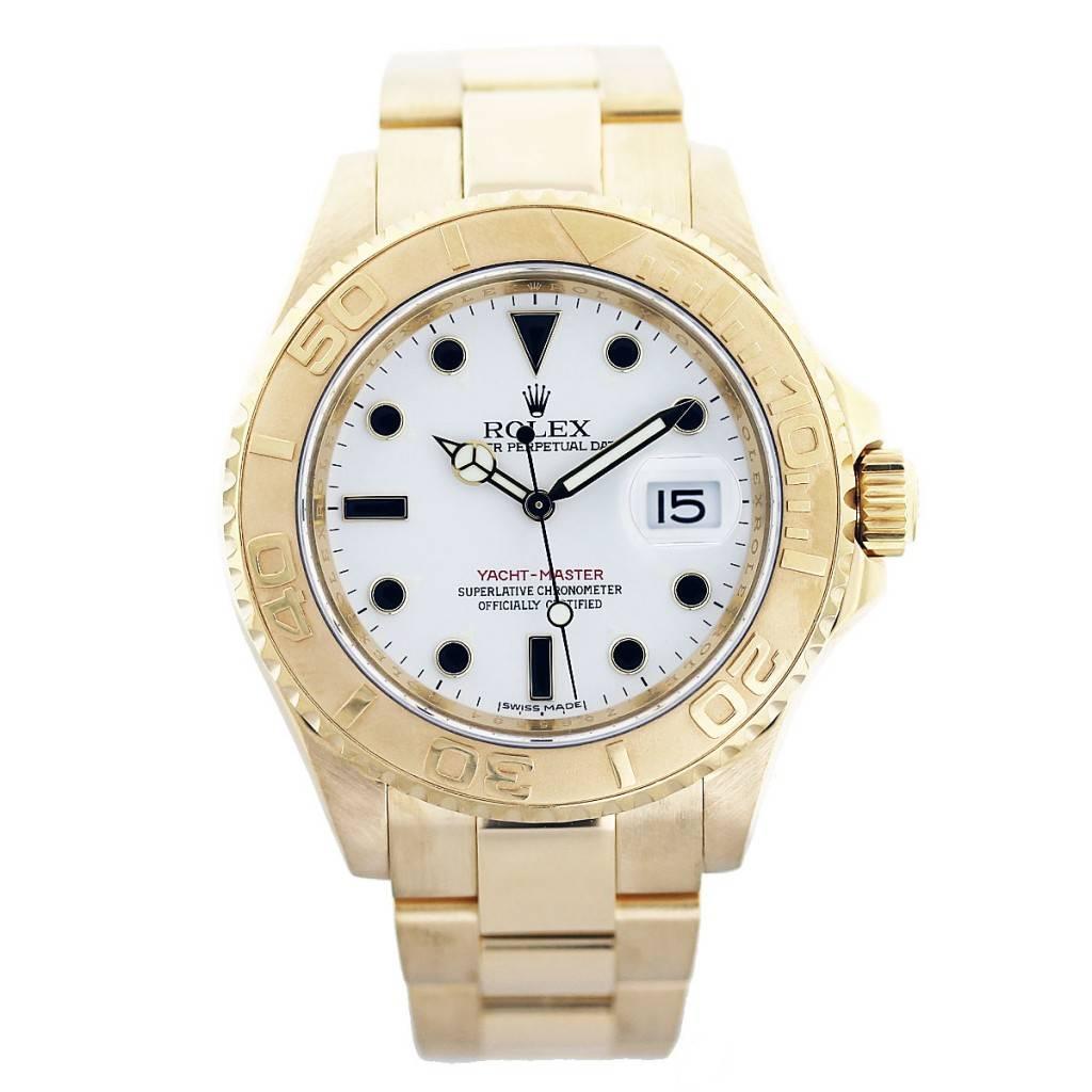 Brand: Rolex
MPN: Yachtmaster
Model: 16628
Case Material: 18k Yellow Gold
Case Diameter: 40mm
Crystal: Scratch Resistant Sapphire
Bezel: 18k yellow gold Special Time-Lapse Unidirectional Rotating Bezel
Dial: White dial with luminous markers. Date is