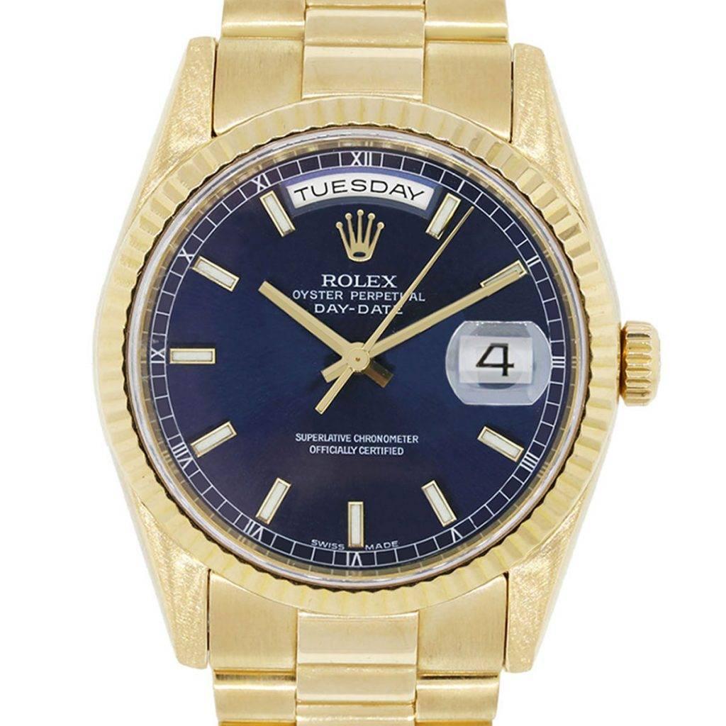 Rolex Yellow Gold Presidential Day Date Blue Dial Automatic Wristwatch