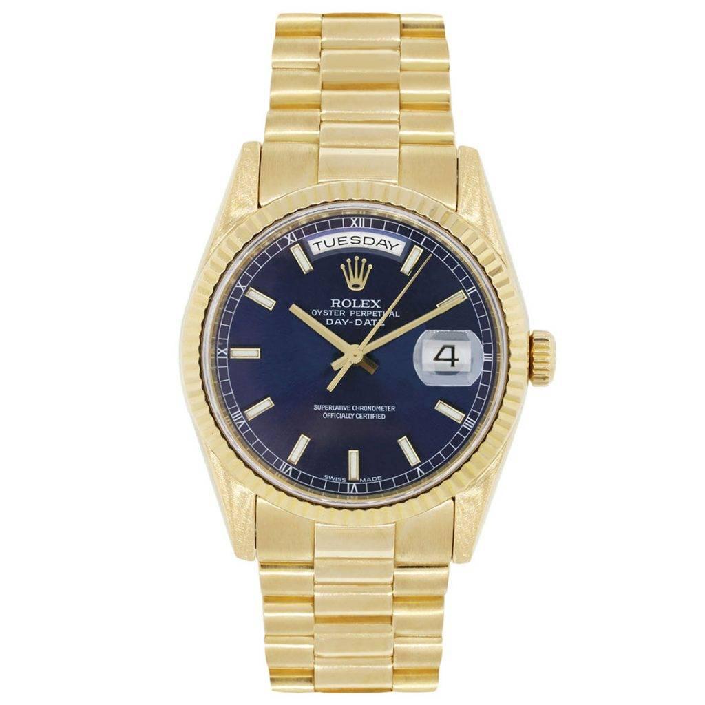 Brand: Rolex
MPN: 118238
Model: Presidential Day Date
Case Material: 18k yellow gold
Case Diameter: 36mm
Crystal: Scratch resistant sapphire
Bezel: 18k yellow gold fixed fluted bezel (factory)
Dial: Blue stick dial (factory)
Bracelet: 18k yellow
