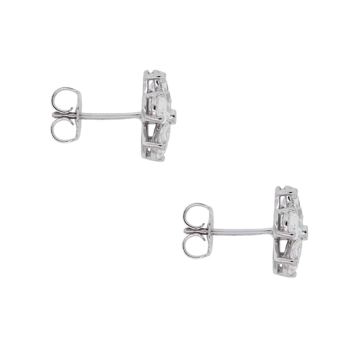Material: 14k white gold
Diamond Details: Approximately 1.90ctw of pear shape and round brilliant diamonds. Diamonds are G/H in color and SI in clarity
Measurements: 0.58″ x 0.40″ x 0.40″
Earring Backs: Post friction
Total Weight: 2.2g