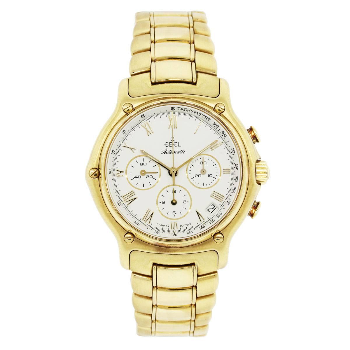 Brand: Ebel
MPN: 1911
Case Material: 18k yellow gold
Case Diameter: 40mm
Crystal: Sapphire crystal
Bezel: Smooth 18k yellow gold
Dial: Cream color chronograph dial with yellow gold roman hour markers and yellow gold hands, date window at 4 o’clock