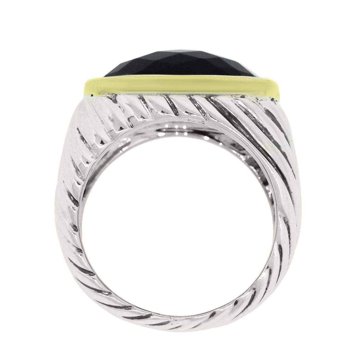 Designer: David Yurman
Material: Sterling silver and 18k yellow gold
Gemstone Details: Faceted black onyx measuring approximately 15.35mm x 11.11mm
Size: 6.75 (can be sized)
Total Weight: 11.4g (7.3dwt)
Measurements: 1.02″ x 0.58″ x 0.89″
Additional