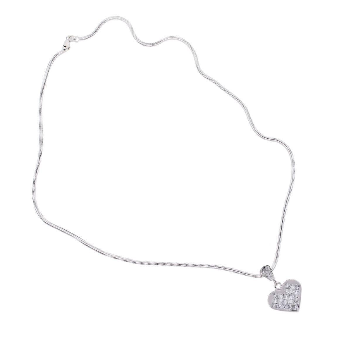 Women's Diamond White Gold Invisible Set Heart Pendant and Snake Chain