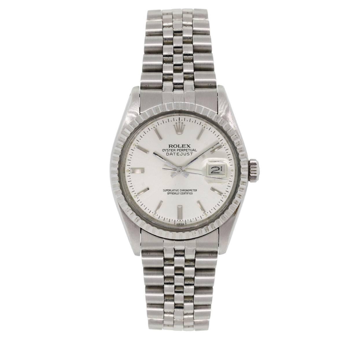 Brand: Role x
MPN: 16030
Model: Datejust
Case Material: 
Case Diameter: 36mm
Crystal: Scratch resistant sapphire
Bezel: Stainless steel engine turned bezel
Dial: Silver stick dial with date window at the 3 o’clock position
Bracelet: Stainless steel