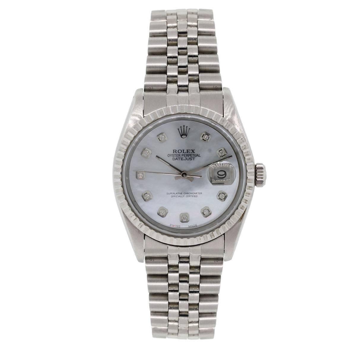 Brand: Rolex
MPN: 16220
Model: Datejust
Case Material: Stainless steel
Case Diameter: 36mm
Crystal: Scratch resistant sapphire
Bezel: Stainless steel engine turned bezel
Dial: Mother of pearl diamond dial with date window at the 3 o’clock position