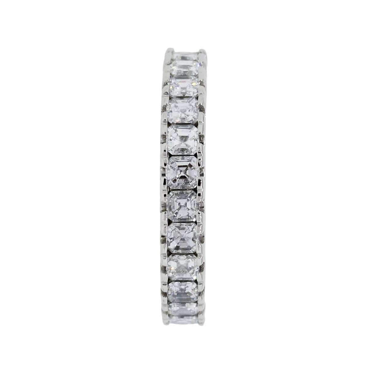 Material: Platinum
Diamond Details: Approximately 2.60ctw of asscher cut diamonds. Diamonds are G/H in color and VS in clarity
Ring Size: 6.50
Ring Measurements: 0.89″ x 0.14″ x 0.89″
Total Weight: 6.9g (4.5dwt)
Additional Details: This item comes