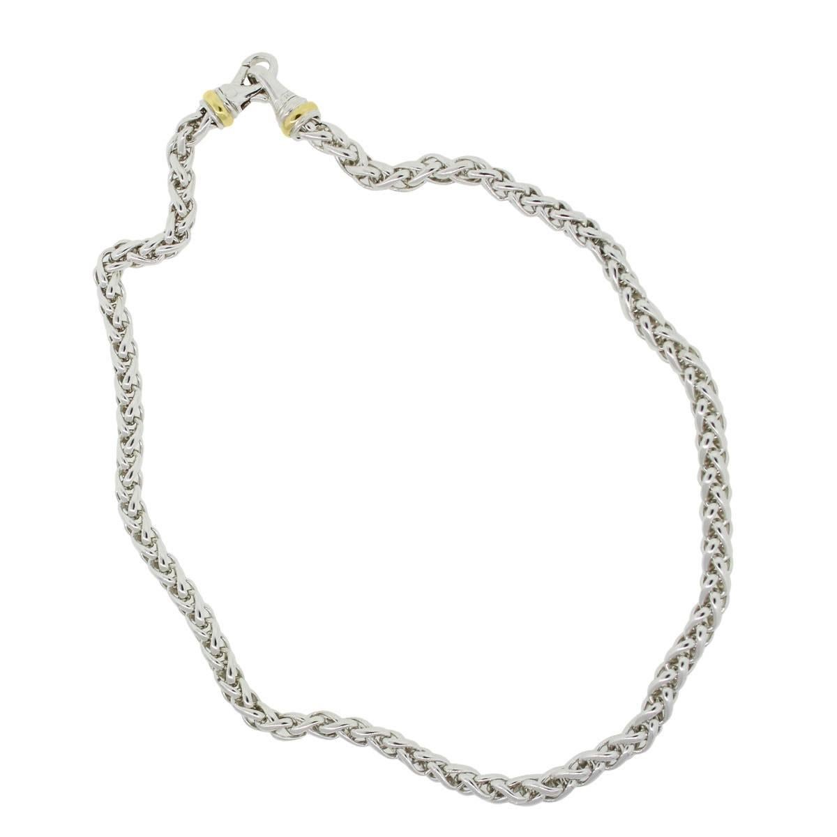 Designer: David Yurman
Material: 14k yellow gold and sterling silver
Clasp: Lobster
Total Weight: 59.6g (38.3dwt)
Necklace Measurements: 19″ in length
Additional Details: Item comes complete with a Raymond Lee Jewelers presentation box!
SKU: G6740