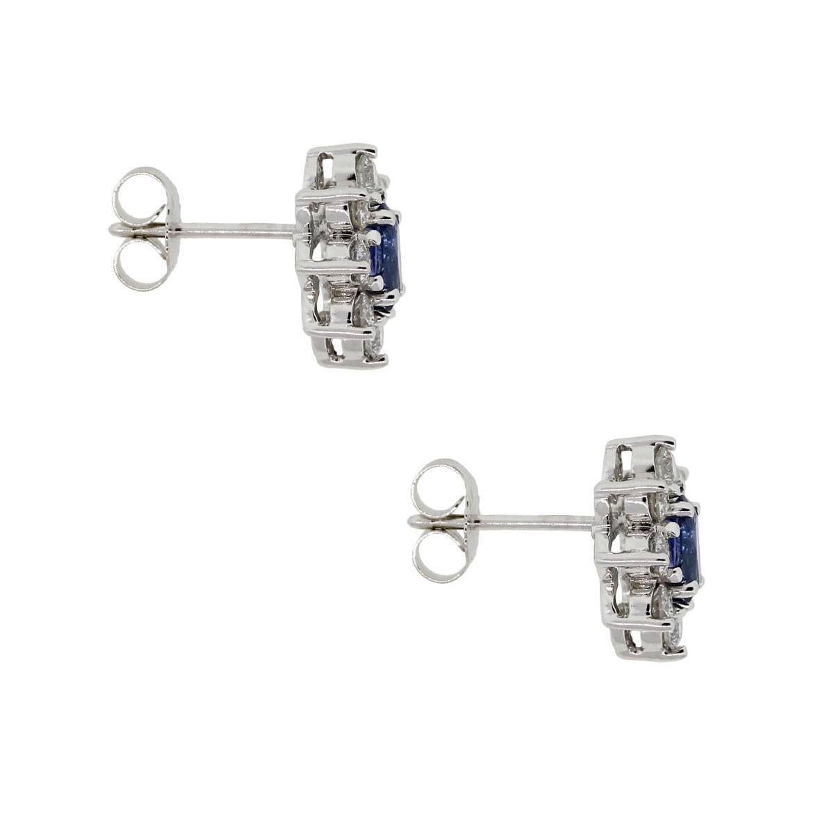 Material: 18k white gold
Diamond Details: Approximately 0.80ctw of round brilliant diamonds. Diamonds are G in color and VS in clarity
Gemstone Details: Approximately 0.80ctw of oval shape sapphires.
Earring Backs: Post friction
Earring