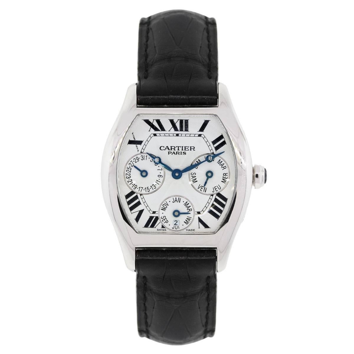 Brand: Cartier
MPN: 2540
Model: Tortue
Case Material: 18k white gold
Case Diameter: 34mm x 43mm
Crystal: Sapphire crystal (scratch resistant)
Bezel: Smooth 18k white gold
Dial: White roman chronograph perpetual calendar watch with 3 sub