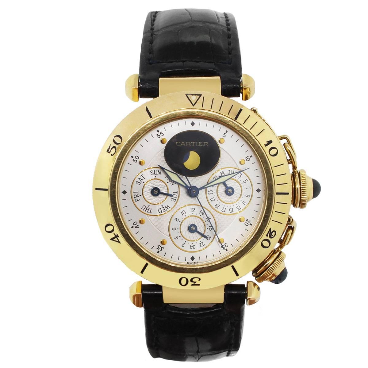 Brand: Cartier
MPN: MG246506
Model: GMT Pasha Day Date
Case Material: 18k yellow gold
Case Diameter: 38mm
Crystal: Sapphire crystal (scratch resistant)
Bezel: 18k yellow gold unidirectional bezel
Dial: Ivory dial with 3 sub dials. Moon-phase at 12