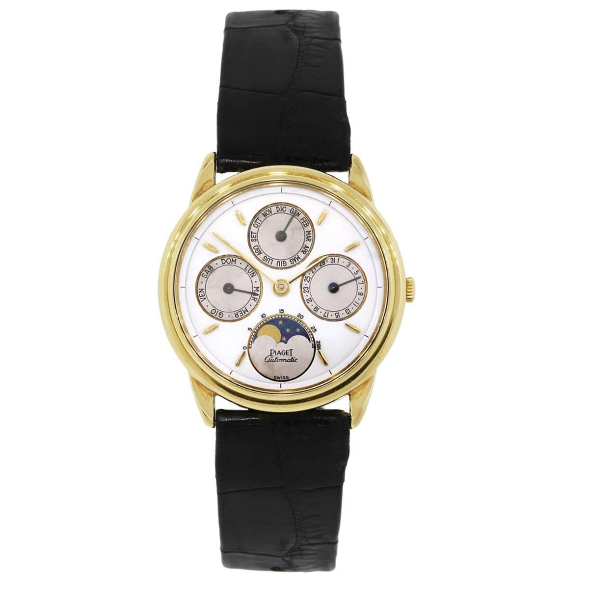Brand: Piaget
MPN: 15958
Model: Annual Calendar
Case Material: 18k yellow gold
Case Diameter: 33mm
Crystal: Crystal sapphire
Bezel: Smooth 18k yellow gold bezel
Dial: White enamel chronograph dial with annual calendar and moonphase
Bracelet: Black