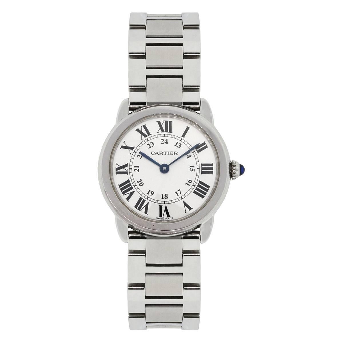 Brand: Cartier
MPN: 3601
Model: Ronde Solo
Case Material: Stainless steel
Case Diameter: 30mm
Crystal: Sapphire crystal
Bezel: Fixed smooth stainless steel bezel
Dial: Silvered roman dial with blue hands
Bracelet: Stainless steel link bracelet
Size: