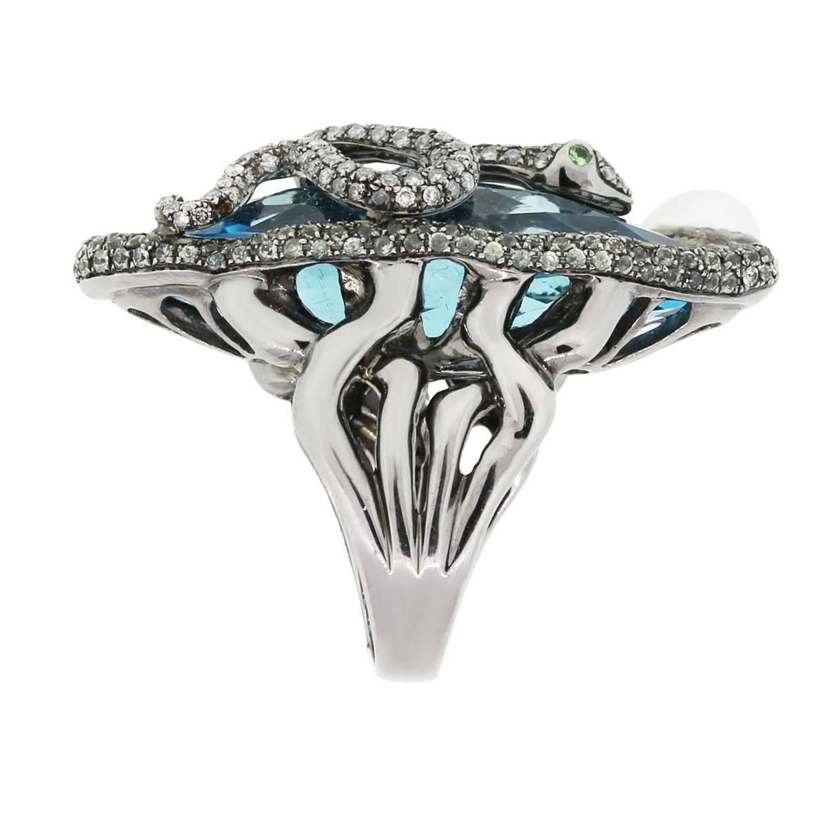 Aquamarine Diamond Pearl Snake Ring In Excellent Condition In Boca Raton, FL