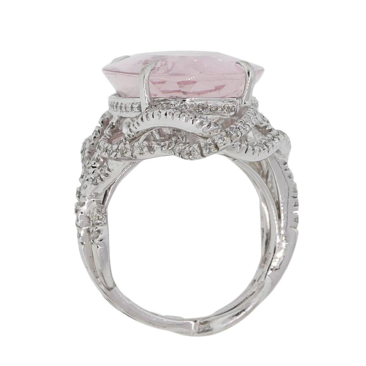 Material: 18k white gold
Diamond Details: Approximately 1.5ctw of round brilliant diamonds. Diamonds are G/H in color and SI in clarity
Gemstone Details: Oval shape Kunzite measuring approximately 22mm x 17.72mm
Ring Size: 6.75 (can be sized)
Ring