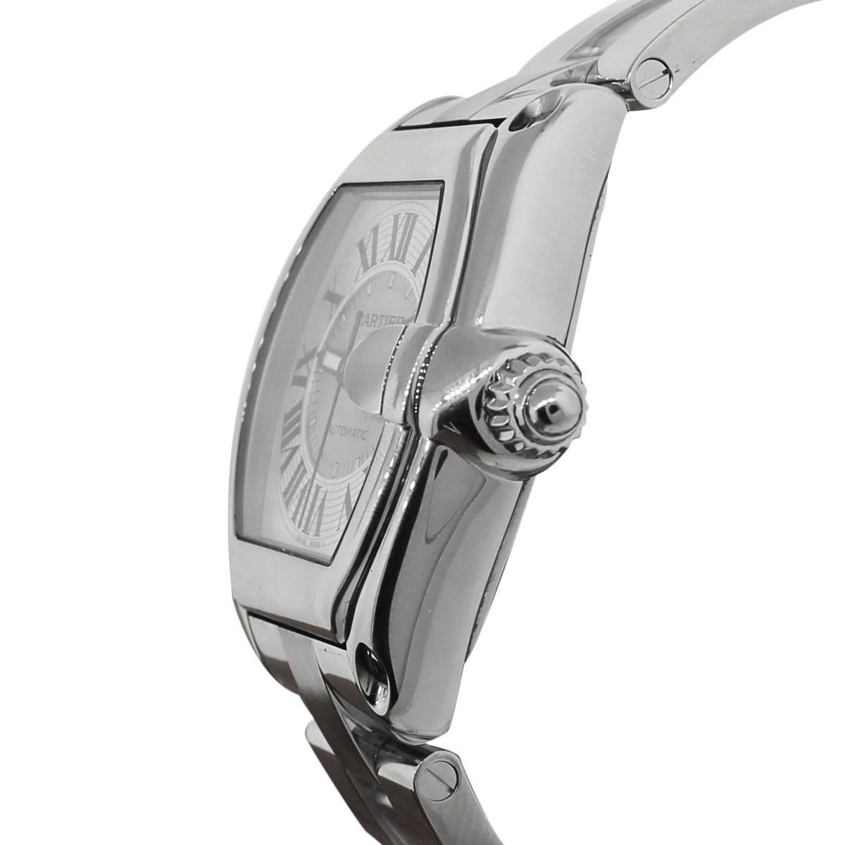 Brand: Cartier
MPN: 2510
Model: Roadster
Case Material: Stainless Steel
Case Diameter: 38mm
Crystal: Scratch resistant sapphire
Bezel: Smooth fixed stainless steel bezel
Dial: Silvered dial with date displayed at 3 o’ clock. Date, Hours, Minutes,