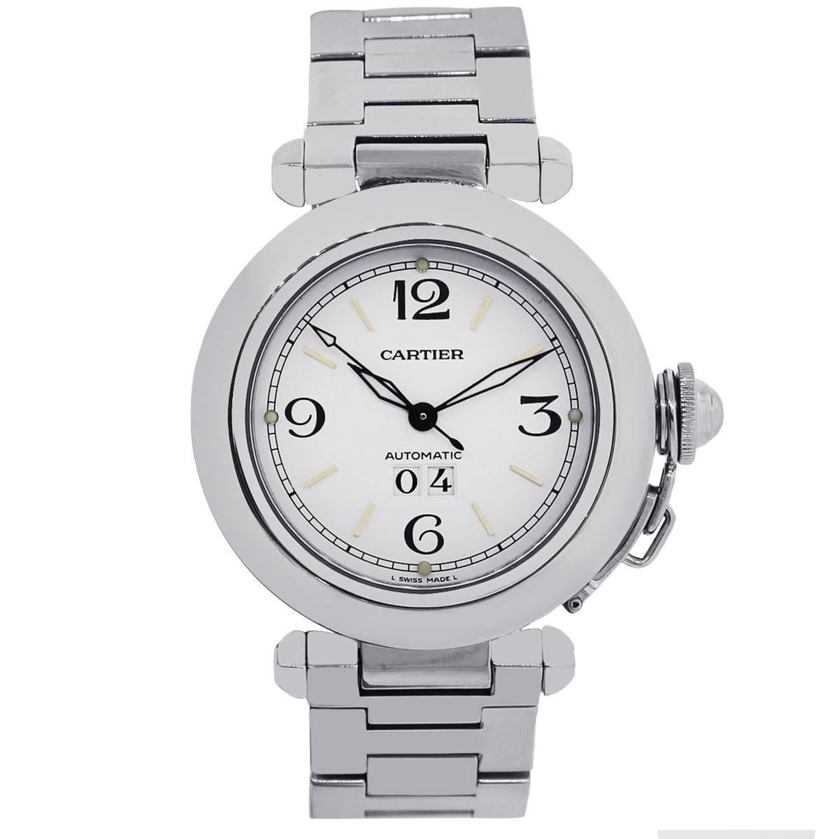 Brand: Cartier
MPN: W31044M7
Model: Pasha
Case Material: Stainless Steel
Case Diameter: 35mm
Crystal: Scratch resistant sapphire
Bezel: Smooth fixed stainless steel bezel
Dial: White dial with date displayed at 6 o’ clock. Date, Hours, Minutes, and