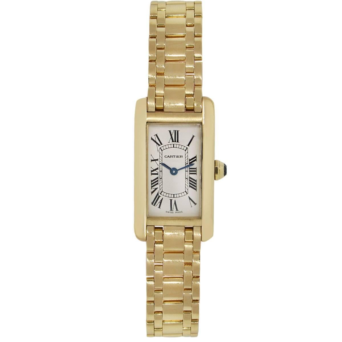 Brand: Cartier
MPN: W26015K2
Model: Americaine Tank
Case Material: 18k Yellow Gold
Case Measurements: 19mm
Bezel: 18k yellow gold smooth fixed bezel
Dial: White dial with black roman numerals and blue steel hands
Bracelet: 18k Yellow Gold