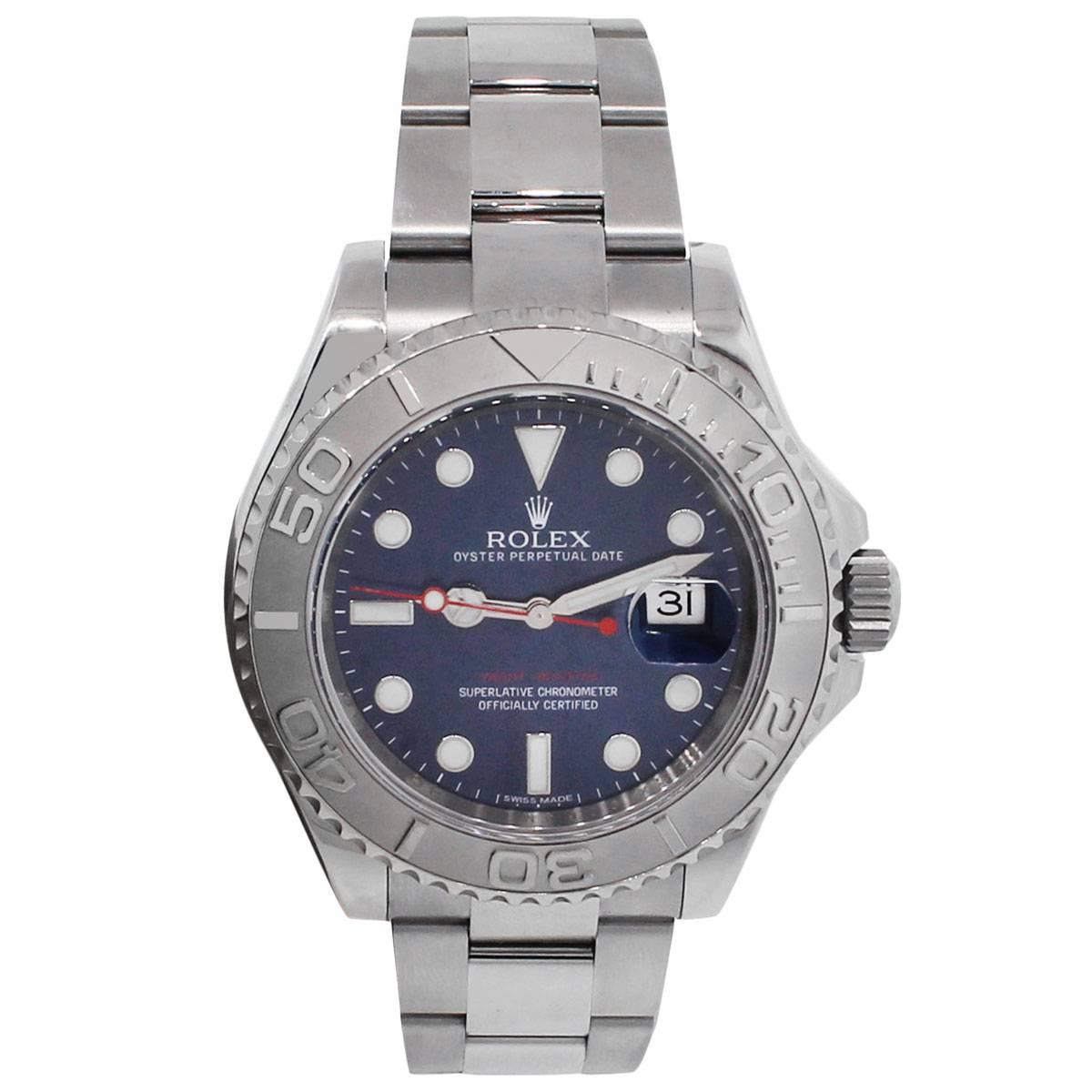 Brand: Rolex
MPN: Yachtmaster
Model: 116622
Case Material: Stainless steel
Case Diameter: 40mm
Crystal: Scratch resistant sapphire
Bezel: Platinum Special Time-Lapse Bidirectional Rotating Bezel.
Dial: Blue dial with the luminescent dot and triangle