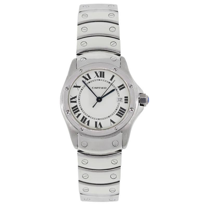 Brand: Cartier
MPN: 1561
Model: Santos Ronde
Case Material: Stainless steel
Case Diameter: 30mm
Crystal: Scratch resistant sapphire
Bezel: Smooth stainless steel
Dial 	White roman dial with date window at the 3 o’clock position
Bracelet: Brushed