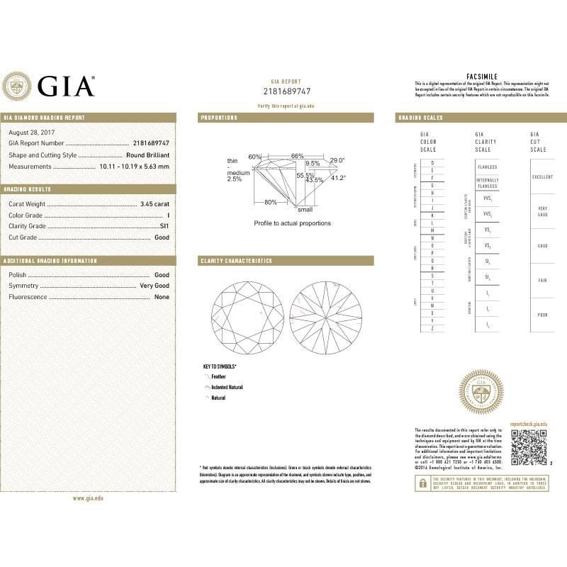GIA Certified 3.45 Carat Round Brilliant Diamond Engagement Ring 1