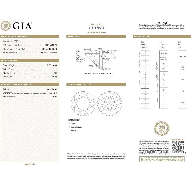 GIA Certified 5.03 Carat Round Brilliant Diamond Engagement Ring 1