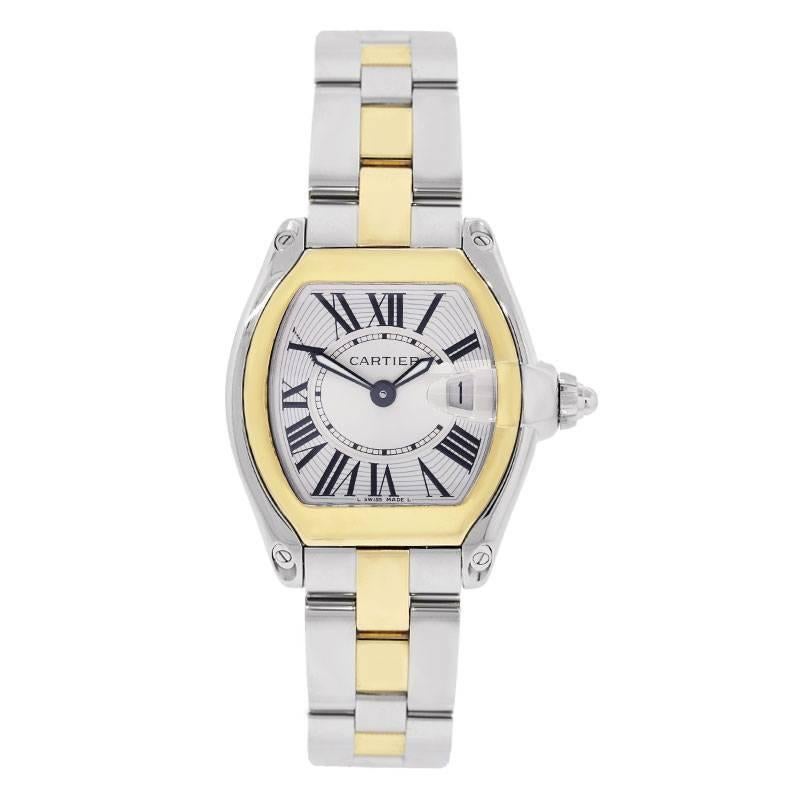 Brand: Cartier
MPN: 2675
Model: Roadster
Case Material: Stainless steel
Case Diameter: 36mm x 30mm
Crystal: Scratch resistant sapphire
Bezel: 18k yellow gold
Dial: White roman dial with date window at the 3 o’clock position
Bracelet: Two tone