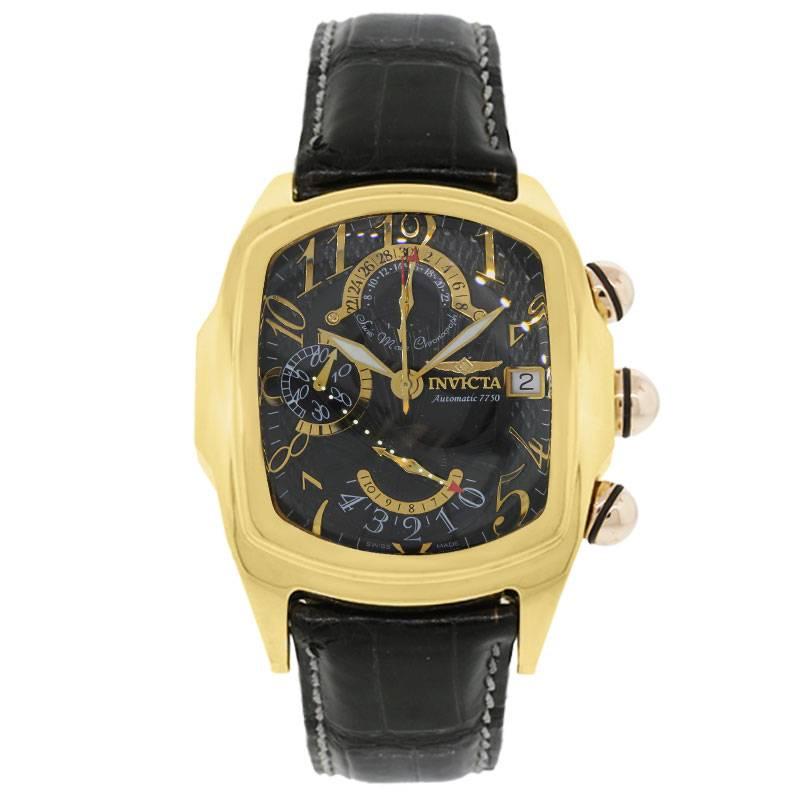 Brand: Invicta
MPN: 5220903-021
Model: Lupah
Case Material: 18k yellow gold
Case Diameter: 48mm x 55mm
Crystal: Bubble scratch resistant sapphire
Bezel: 18k yellow gold
Dial: Black chronograph dial with date window
Bracelet: Invicta genuine