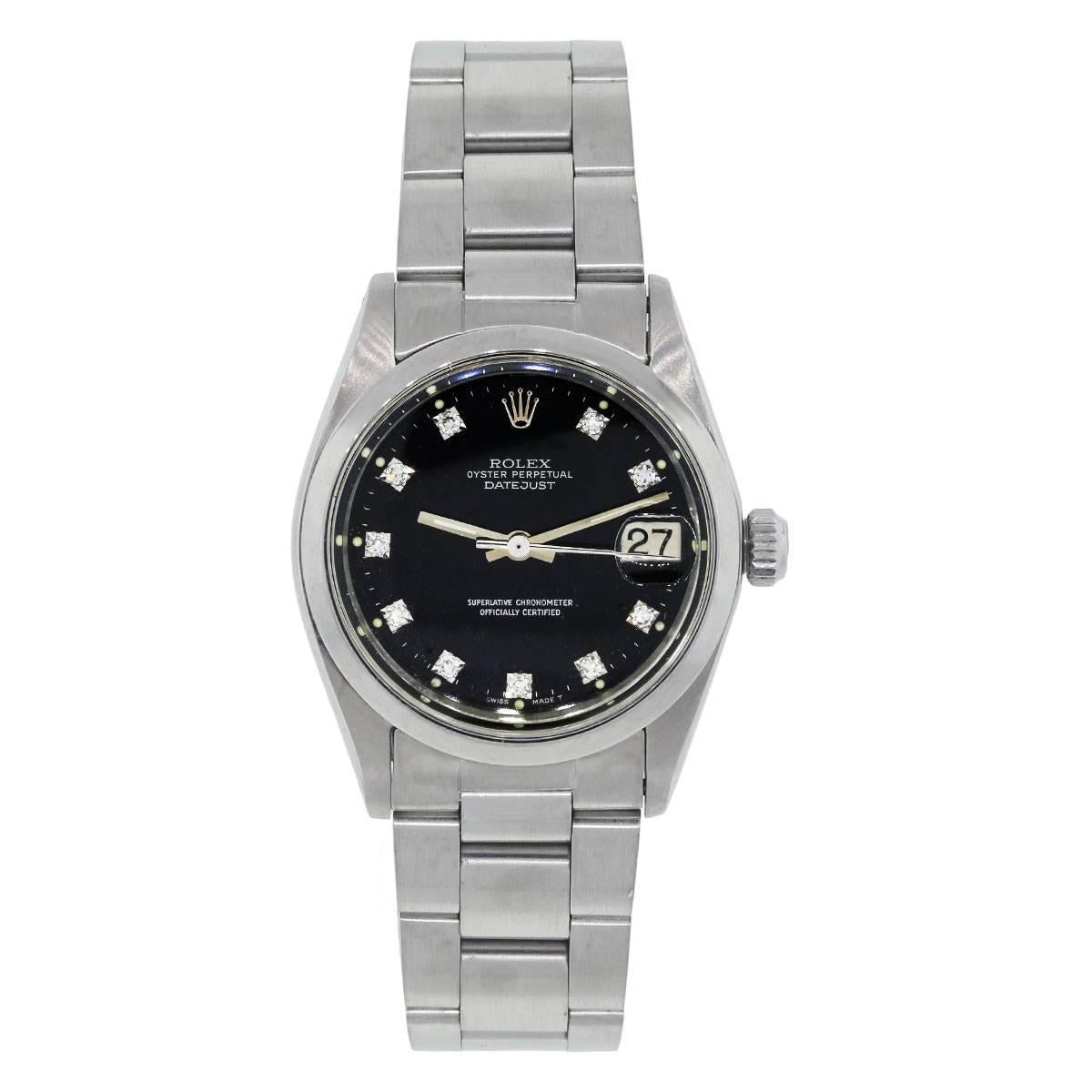 Brand: Rolex
MPN: 6824
Model: Datejust
Case Material: Stainless steel
Case Diameter: 31mm
Crystal: Scratch resistant sapphire
Bezel: Stainless steel smooth bezel
Dial: Black diamond dial with date window at the 3 o’clock position (factory)
Bracelet: