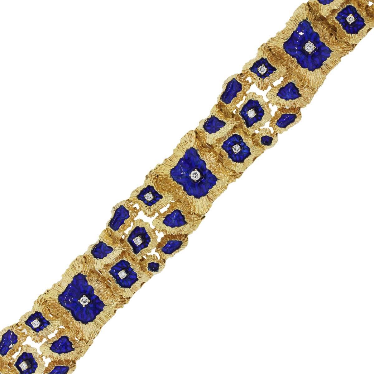 Diamond and Blue Enamel Wide Bracelet