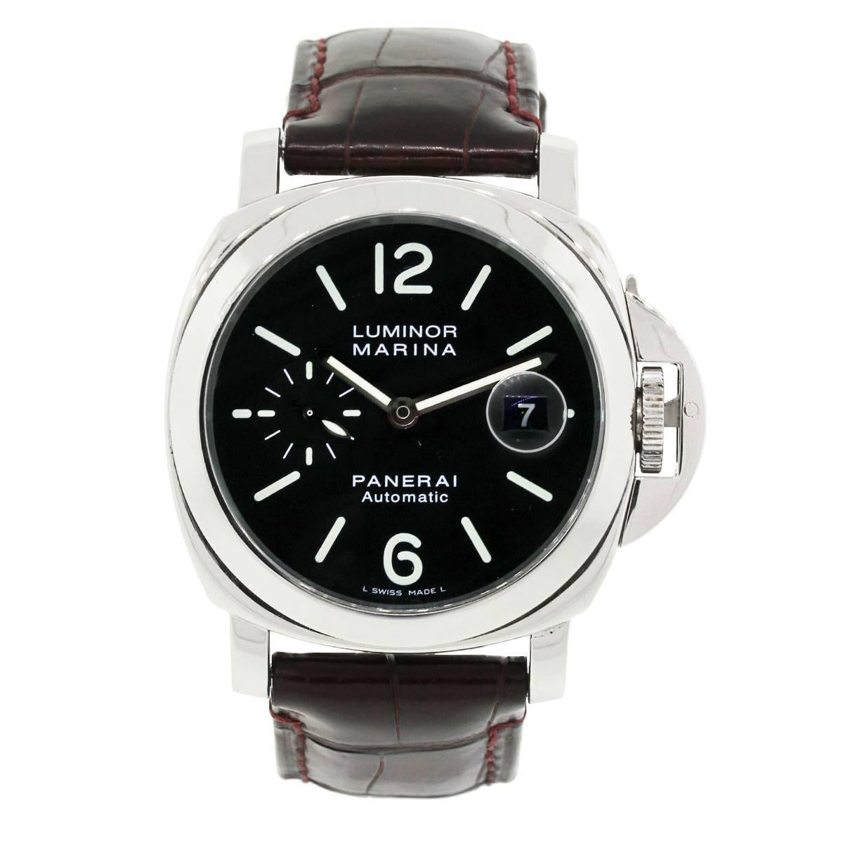Brand: Panerai
MPN: PAM104
Model: Luminor Marina
Case Material: Stainless steel
Case Diameter: 44mm
Crystal: Scratch resistant sapphire
Bezel: Stainless steel smooth bezel
Dial: Black diamond dial with date window at the 3 o’clock position