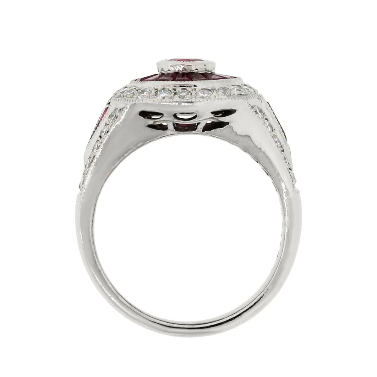 Material: 18k white gold
Gemstone Details: Baguette shape, trillion cut, and round shape rubies with approximately 1.20ctw of rubies
Diamond Details: Approximately 0.80ctw of round brilliant diamonds. Diamonds are G/H in color and VS in