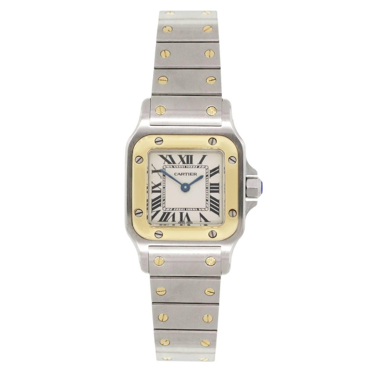Brand: Cartier
MPN: 1567
Model: Santos Galbee
Case Material: Stainless steel
Case Diameter: 24mm
Crystal: Scratch resistant sapphire
Bezel: 18k yellow gold
Dial: White roman dial
Bracelet: Stainless steel and 18k yellow gold screws
Size: Will fit a